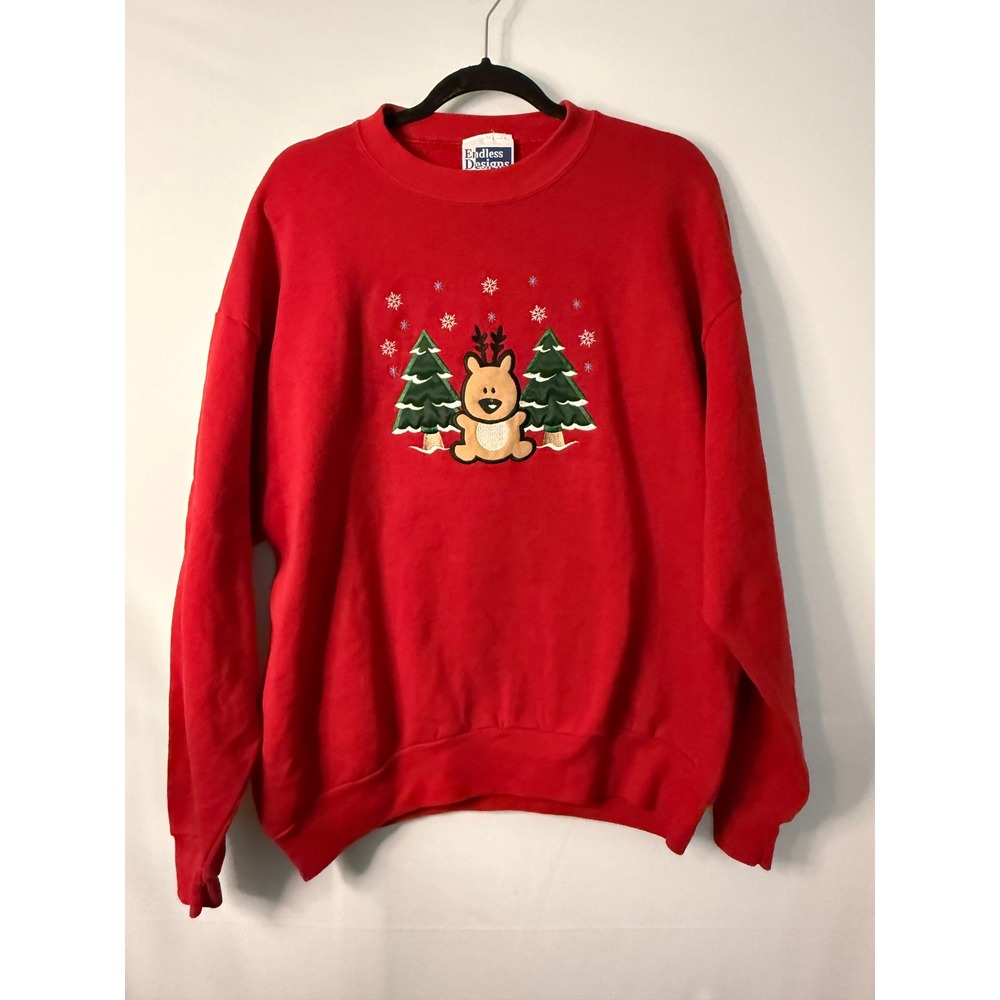 VTG Endless Designs Red Reindeer Christmas Sweatshirt Medium Holiday Festive‎